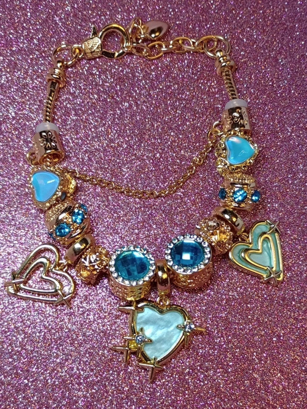 Gold-Tone Bracelet with Blue Heart Charms